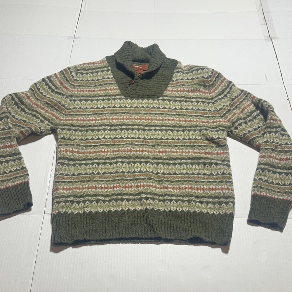 Vintage Bob Timberlake Olive wool Green Patterned Sweater w button ribbing cuffs